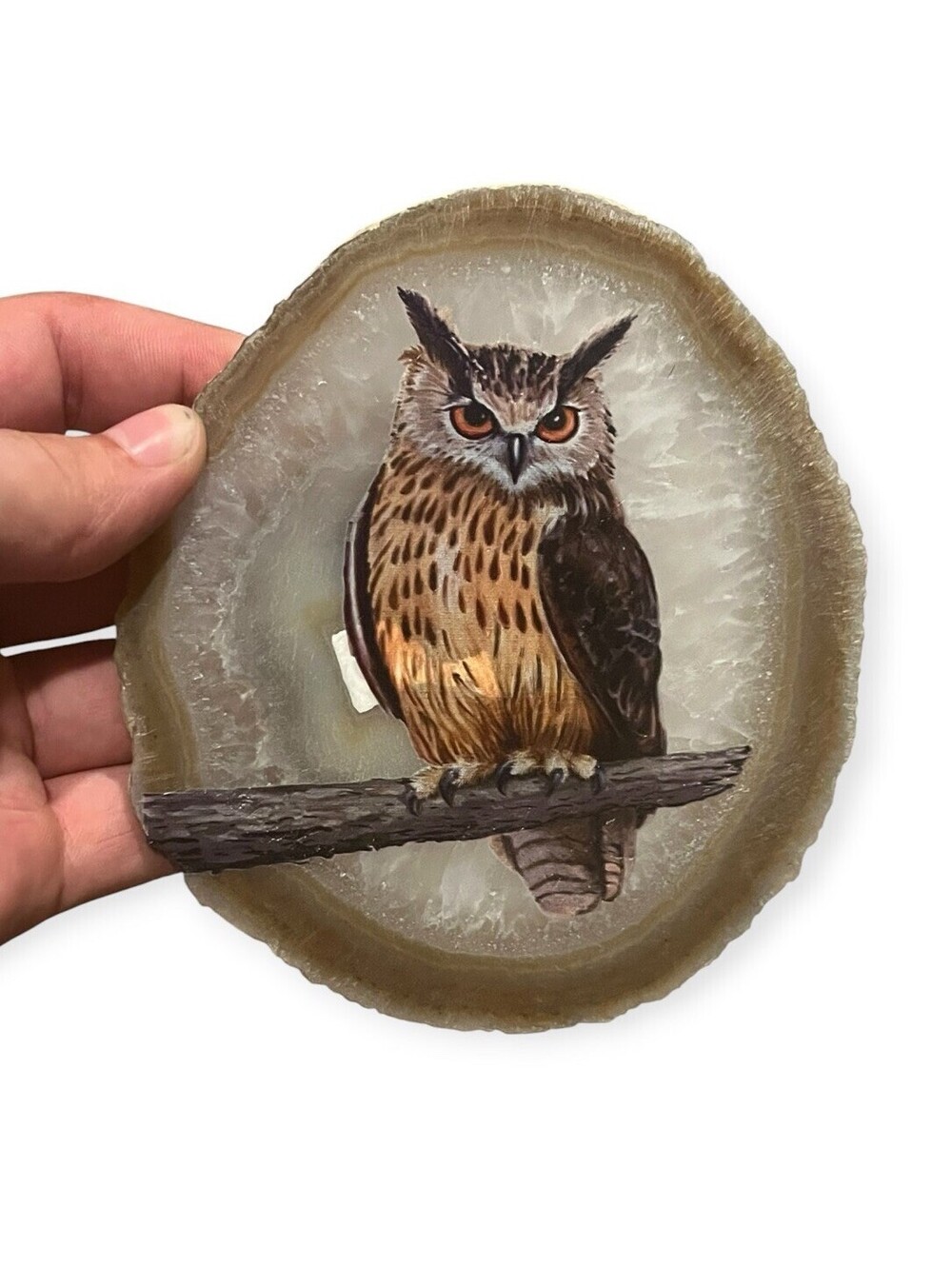 Owl Art on Natural Agate Slice Stone Decorative Plaque Crystal Decor